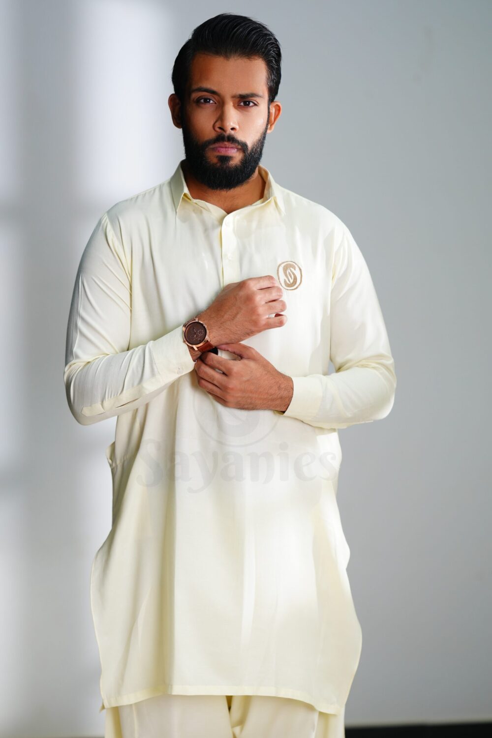 Men's Cream Unstitched Kurta Shalwar view 2